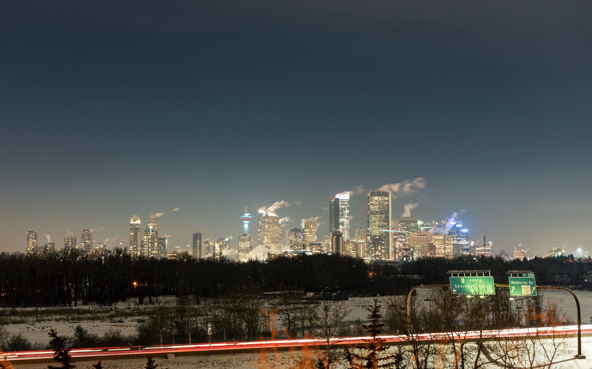 The Calgary skyline at night, seen across the water